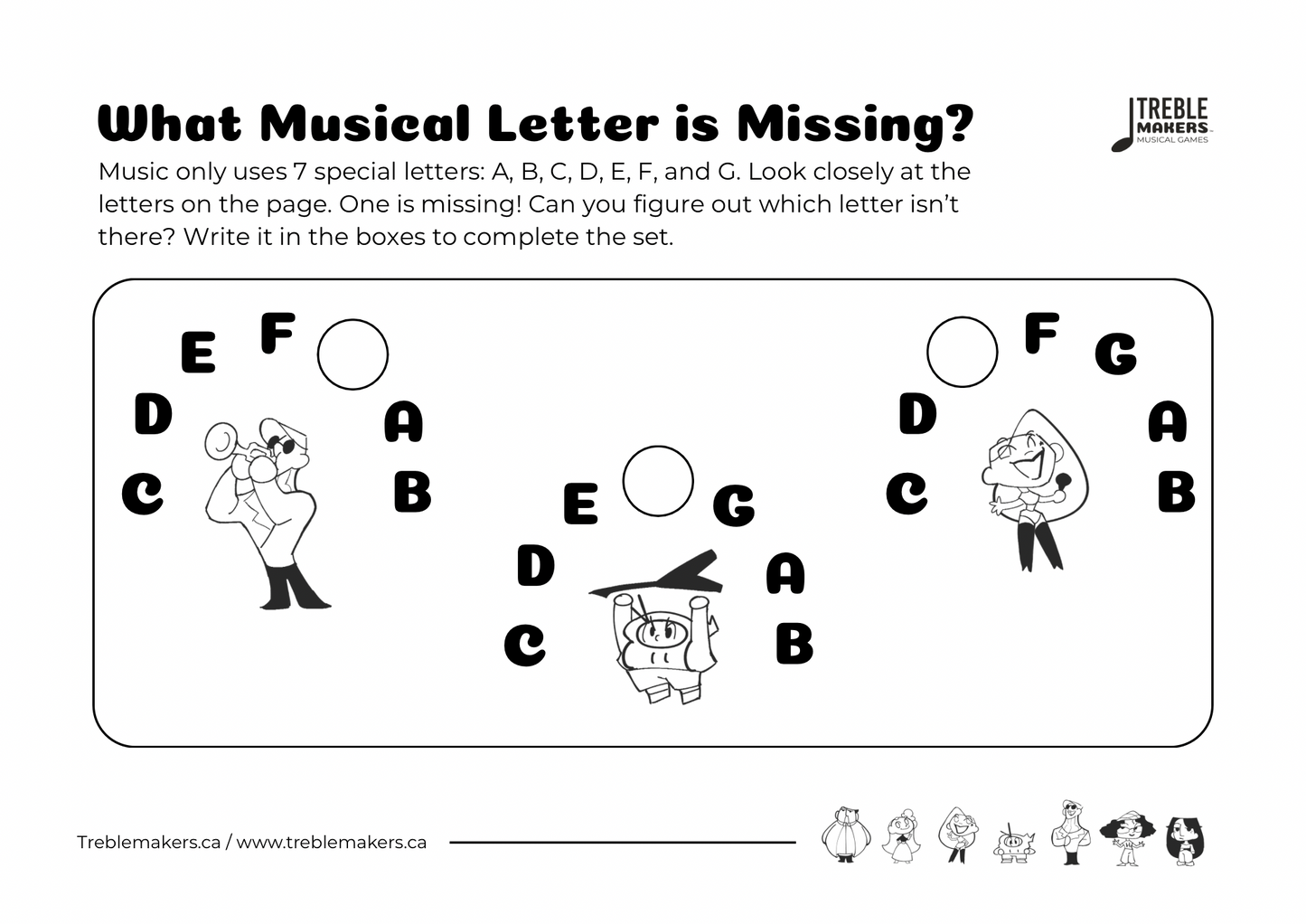 Missing Letter - Musical Alphabet Fill-in-the-Blank Activity Sheets - Set 1