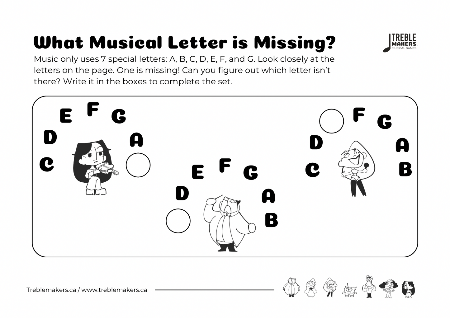 Missing Letter - Musical Alphabet Fill-in-the-Blank Activity Sheets - Set 4