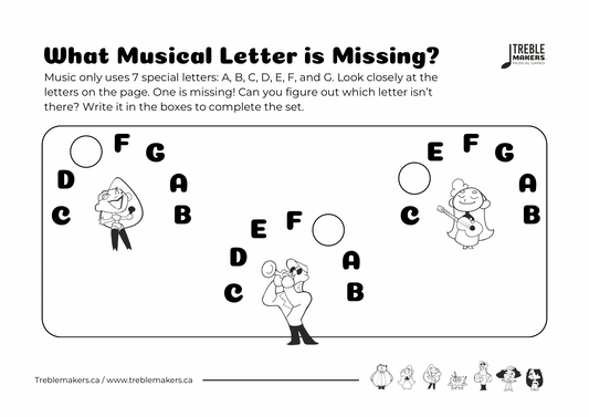 Missing Letter - Musical Alphabet Fill-in-the-Blank Activity Sheets - Set 4