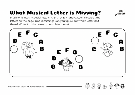 Missing Letter - Musical Alphabet Fill-in-the-Blank Activity Sheets - Set 5