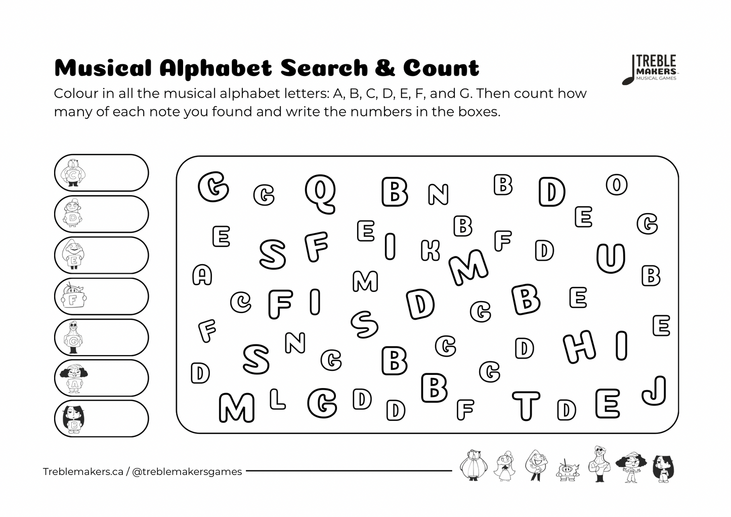 Musical Alphabet — Search and Count Activity Sheets - Set 2