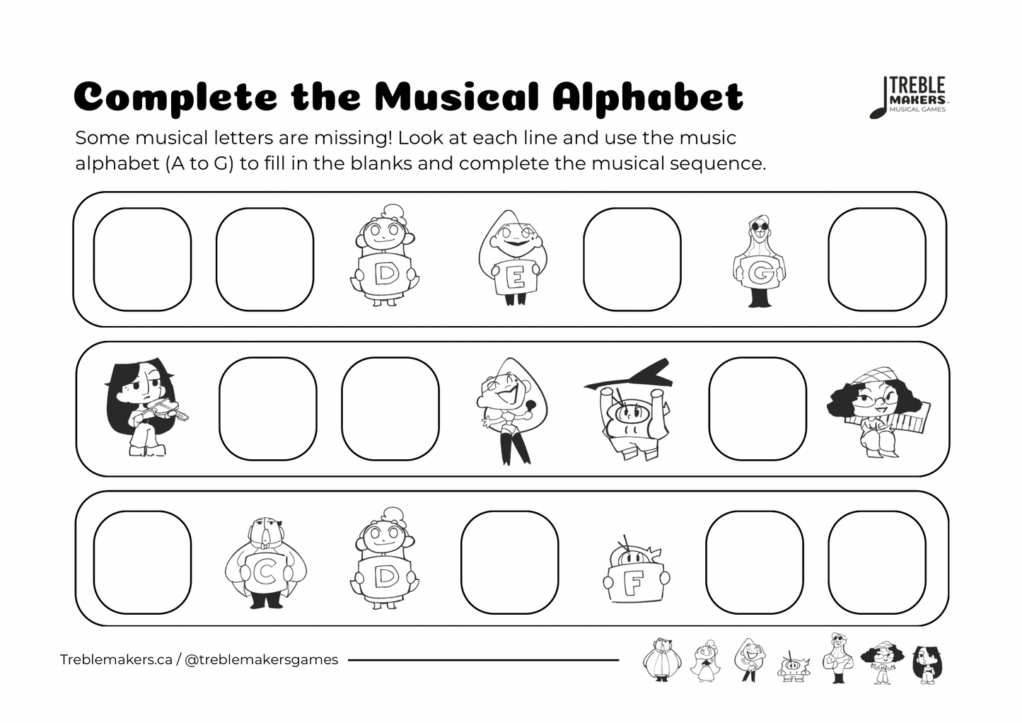 Complete the Musical Alphabet – Note Sequence Activity Sheets - Set 2
