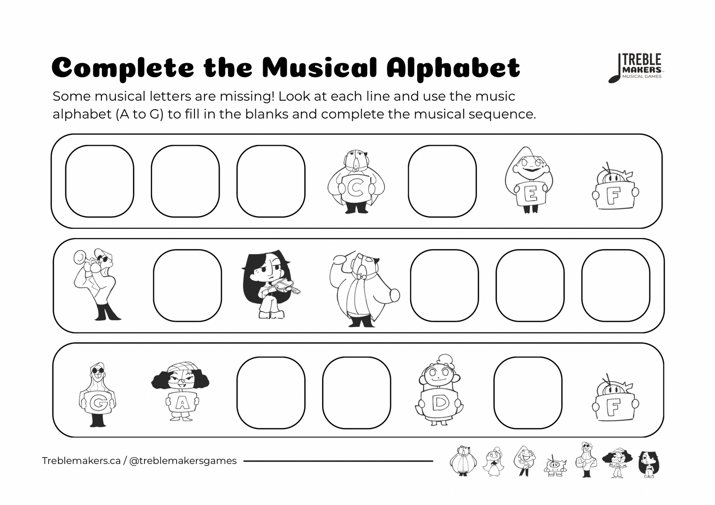 Complete the Musical Alphabet – Note Sequence Activity Sheets - Set 4