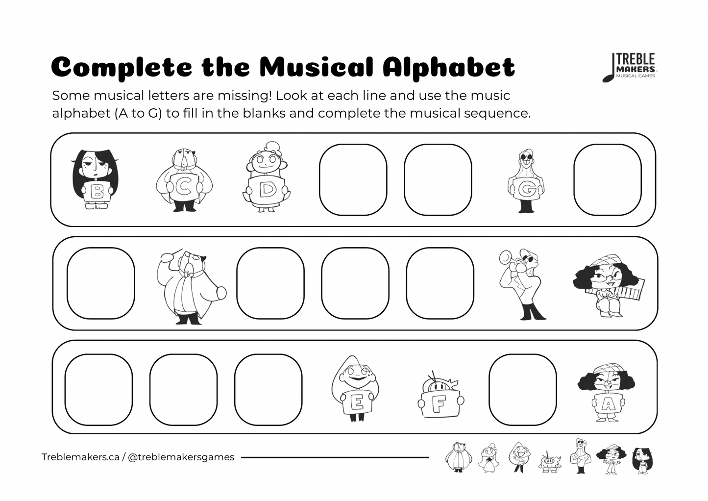 Complete the Musical Alphabet – Note Sequence Activity Sheets - Set 5