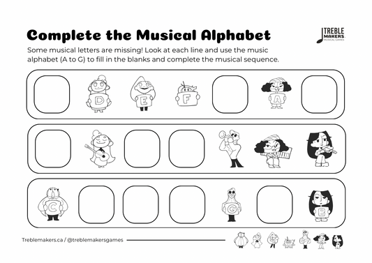 Complete the Musical Alphabet – Note Sequence Activity Sheets - Set 7