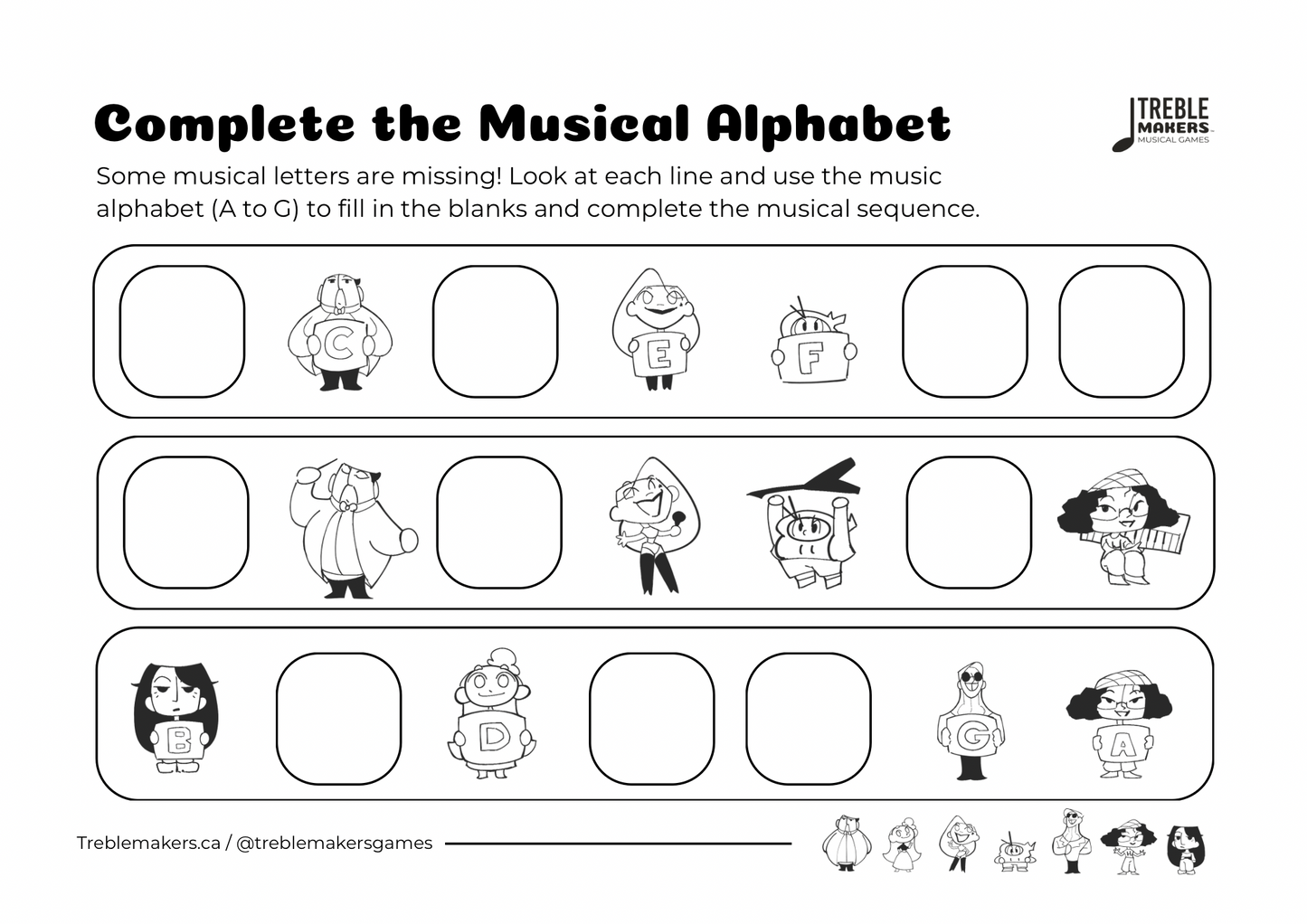 Complete the Musical Alphabet – Note Sequence Activity Sheets - Set 7