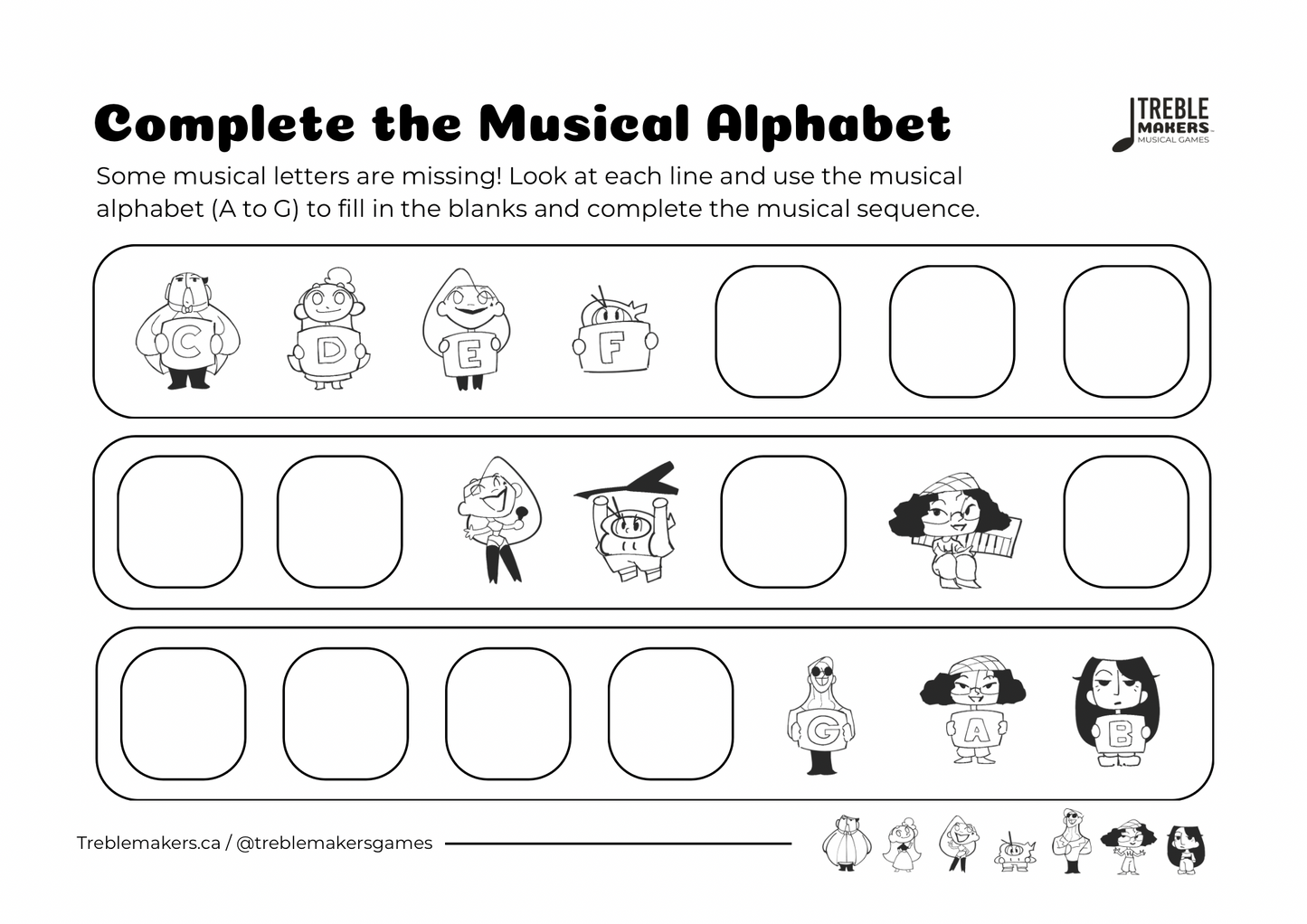 Complete the Musical Alphabet – Note Sequence Activity Sheets - Set 9