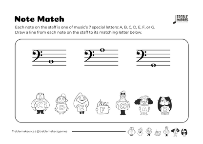 Note Match – Letter Pals – Staff Reading Activity Sheets - Bass Clef - Set 8