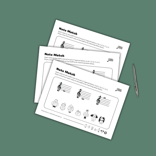 Note Match – Letter Pals – Staff Reading Activity Sheets - Treble Clef - Set 2