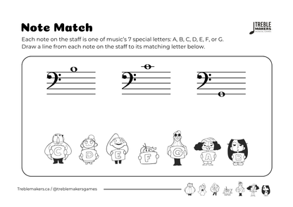 Note Match – Letter Pals – Staff Reading Activity Sheets - Bass Clef - Set 8