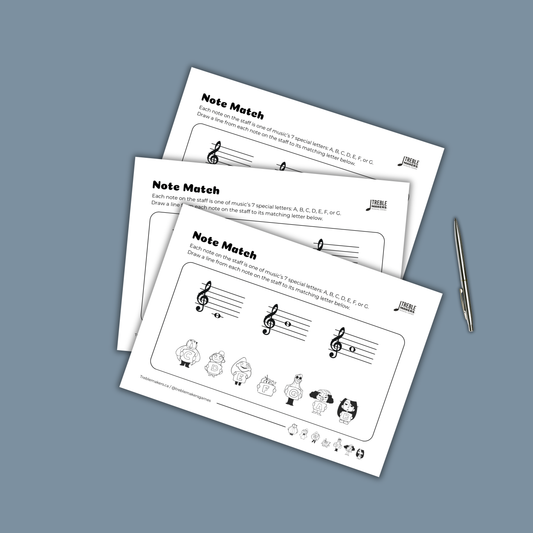 Note Match – Letter Pals – Staff Reading Activity Sheets - Treble Clef - Set 3