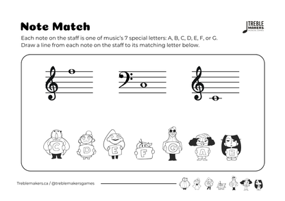 Note Match – Letter Pals – Staff Reading Activity Sheets - Mixed Clef - Set 2