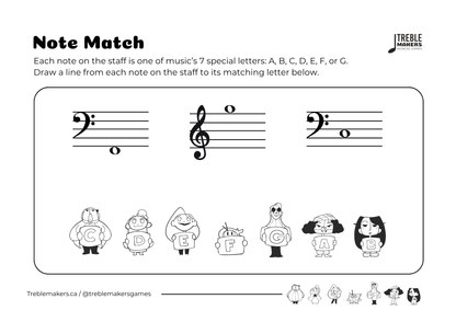 Note Match – Letter Pals – Staff Reading Activity Sheets - Mixed Clef - Set 2
