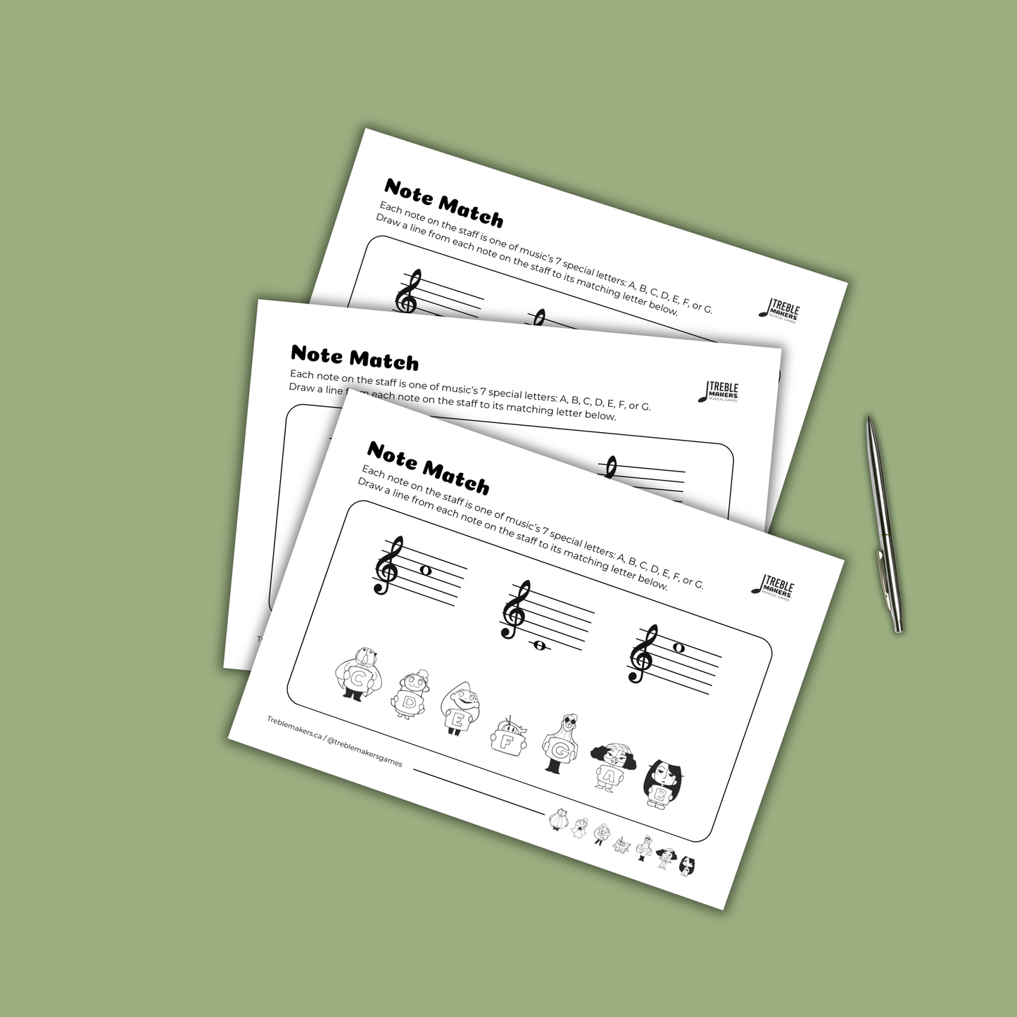 Note Match – Letter Pals – Staff Reading Activity Sheets - Treble Clef - Set 4
