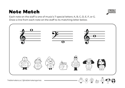 Note Match – Letter Pals – Staff Reading Activity Sheets - Mixed Clef - Set 4