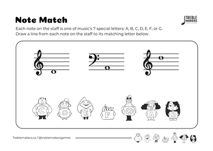 Note Match – Letter Pals – Staff Reading Activity Sheets - Mixed Clef - Set 4