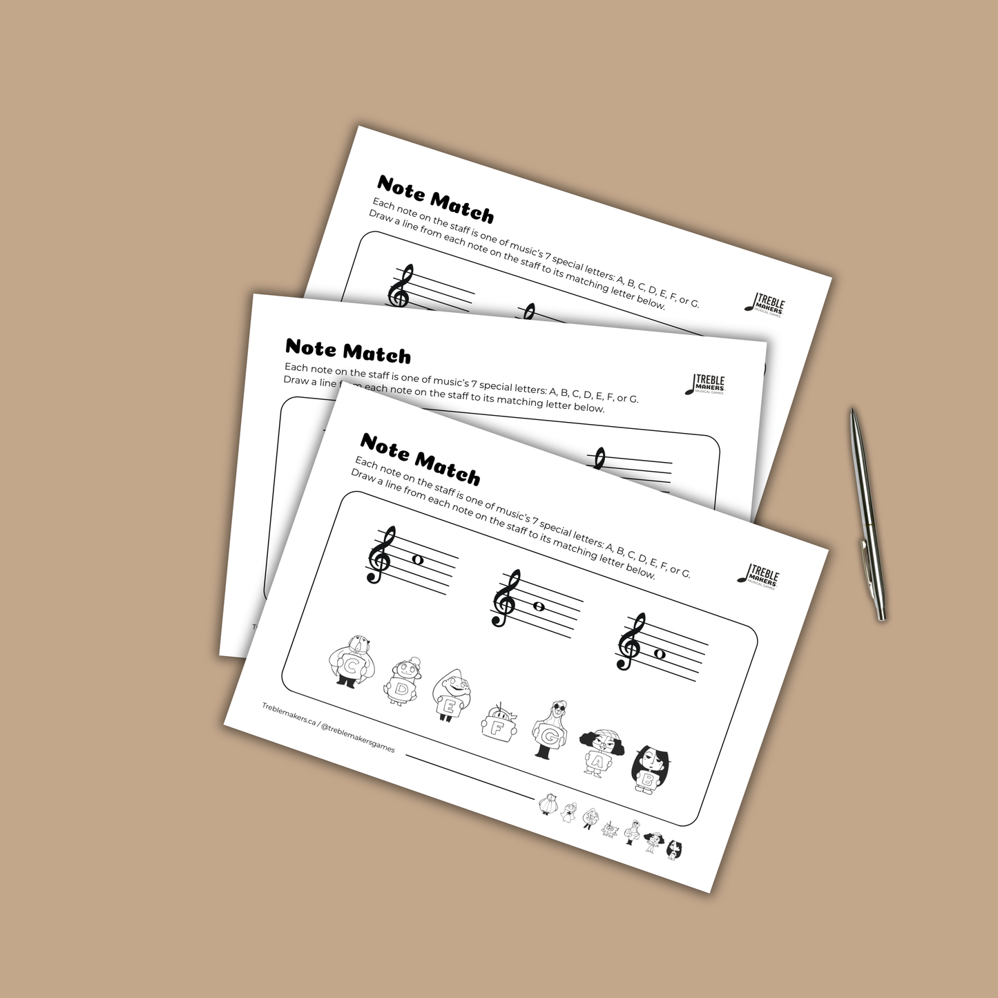 Note Match – Letter Pals – Staff Reading Activity Sheets - Treble Clef - Set 5