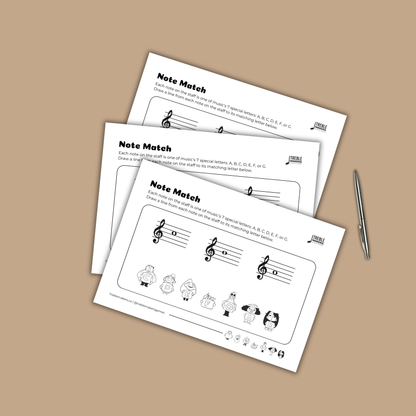 Note Match – Letter Pals – Staff Reading Activity Sheets - Treble Clef - Set 5