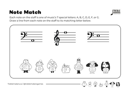 Note Match – Letter Pals – Staff Reading Activity Sheets - Mixed Clef - Set 6