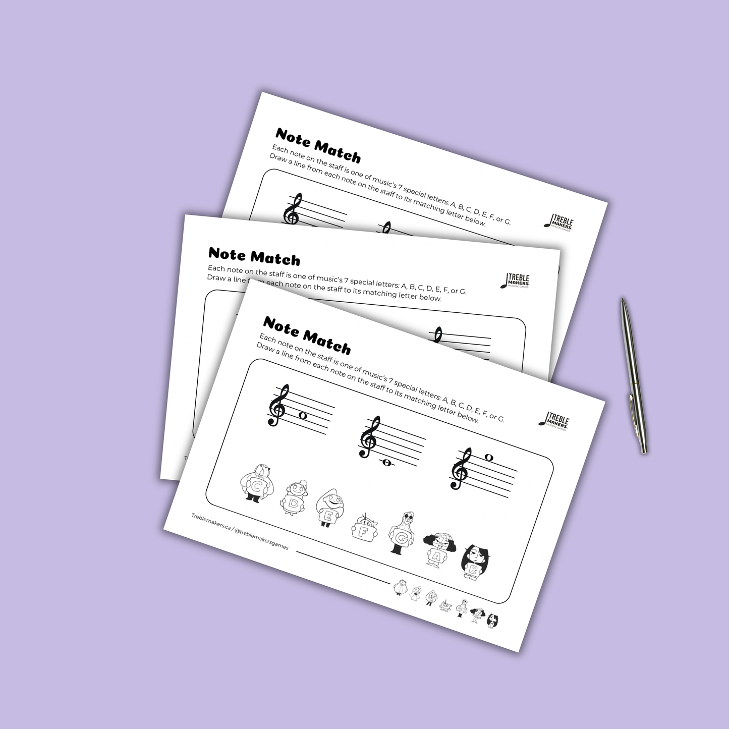 Note Match – Letter Pals – Staff Reading Activity Sheets - Treble Clef - Set 6
