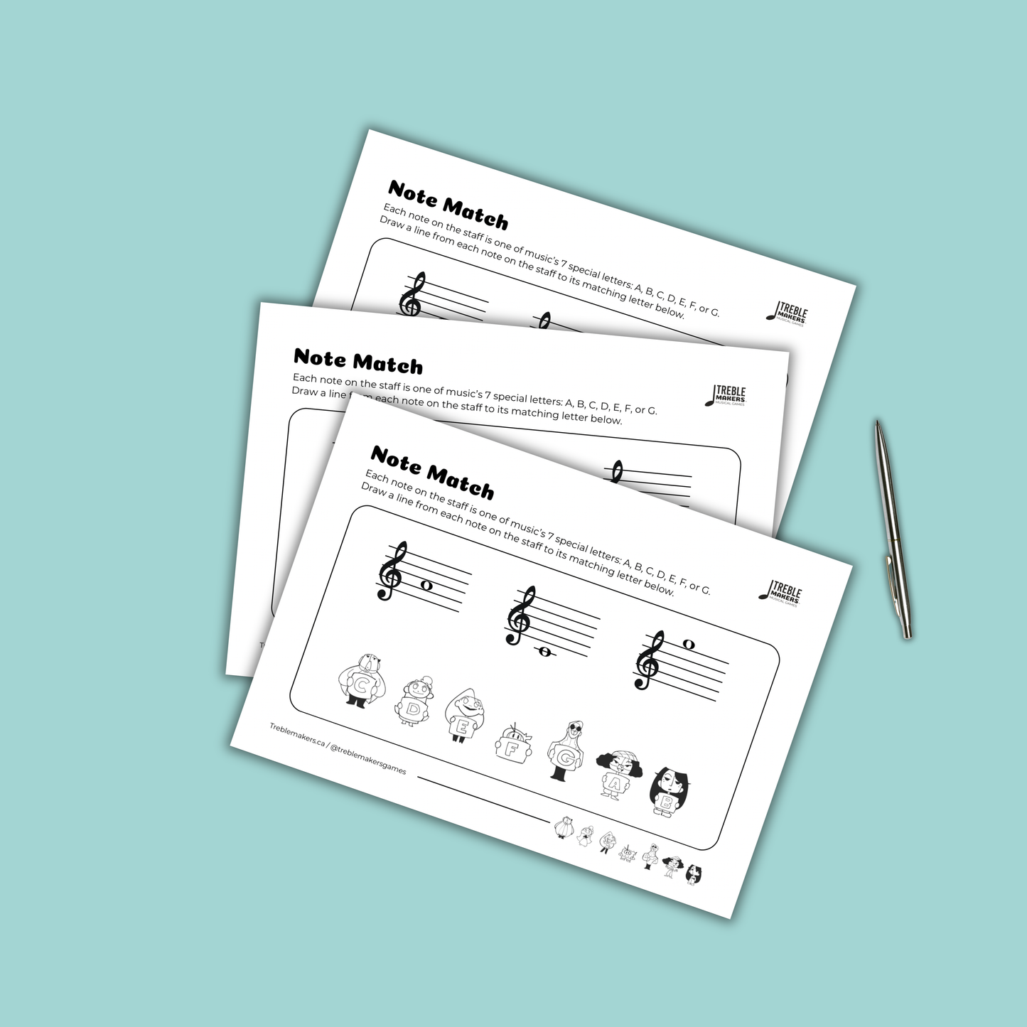 Note Match – Letter Pals – Staff Reading Activity Sheets - Treble Clef - Set 7