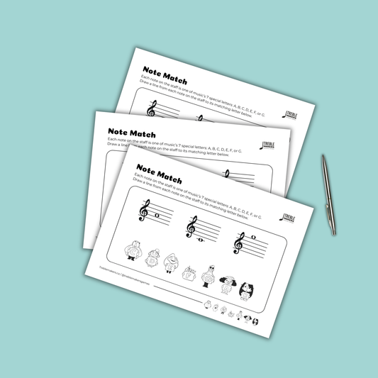Note Match – Letter Pals – Staff Reading Activity Sheets - Treble Clef - Set 7
