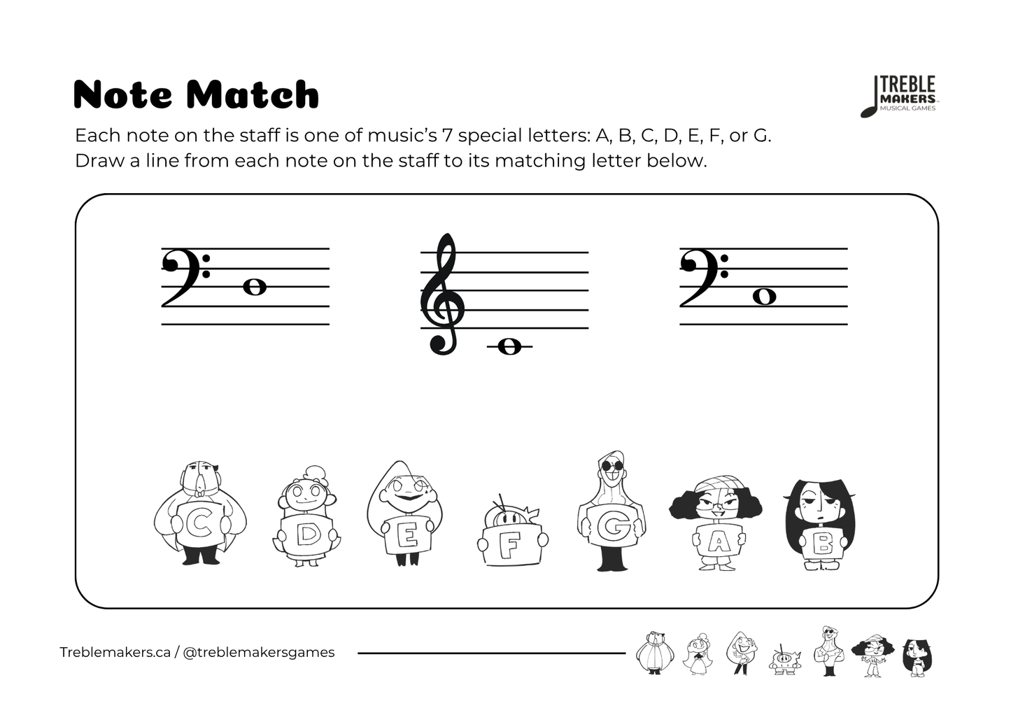 Note Match – Letter Pals – Staff Reading Activity Sheets - Mixed Clef - Set 8