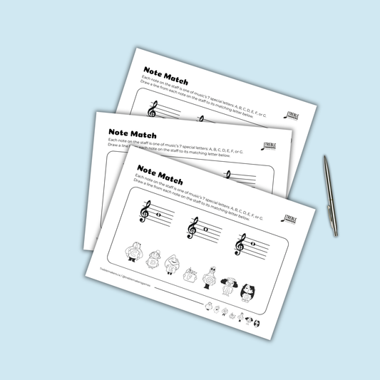 Note Match – Letter Pals – Staff Reading Activity Sheets - Treble Clef - Set 8
