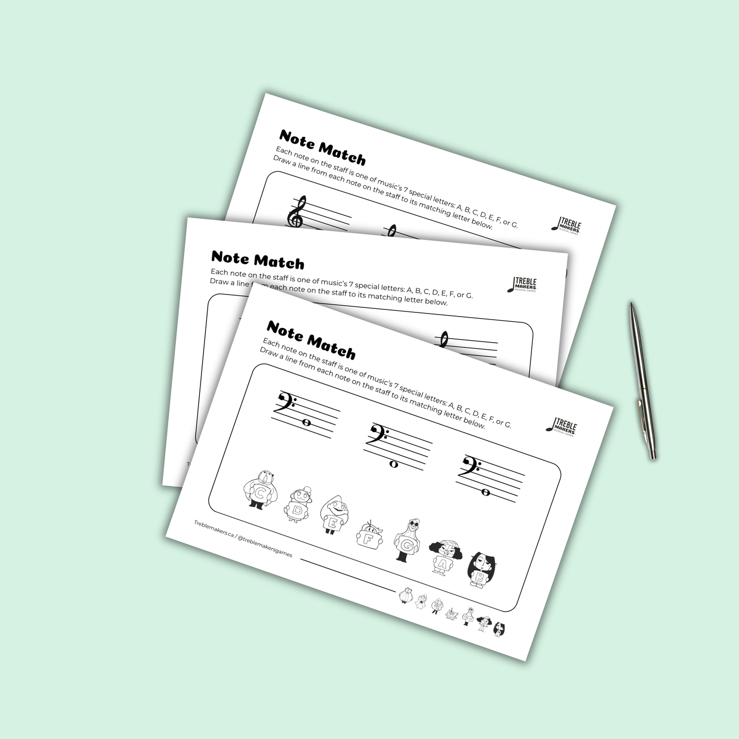 Note Match – Letter Pals – Staff Reading Activity Sheets - Bass Clef - Set 1