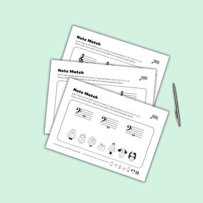 Note Match – Letter Pals – Staff Reading Activity Sheets - Bass Clef - Set 1