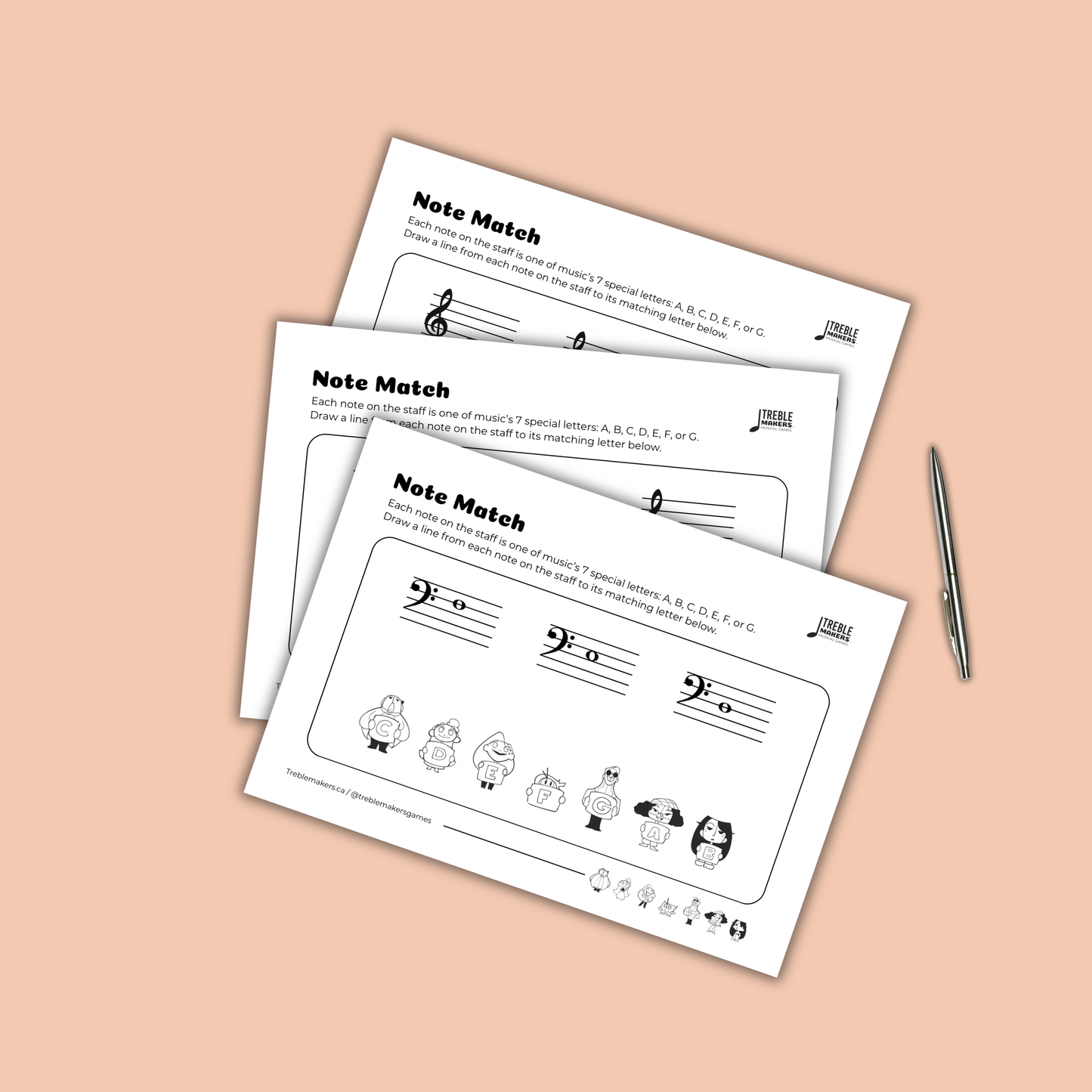 Note Match – Letter Pals – Staff Reading Activity Sheets - Bass Clef - Set 2
