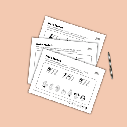 Note Match – Letter Pals – Staff Reading Activity Sheets - Bass Clef - Set 2