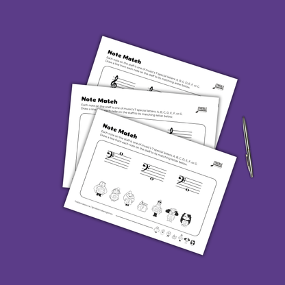 Note Match – Letter Pals – Staff Reading Activity Sheets - Bass Clef - Set 3