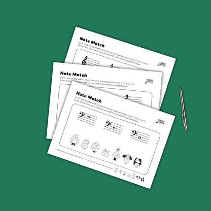 Note Match – Letter Pals – Staff Reading Activity Sheets - Bass Clef - Set 4
