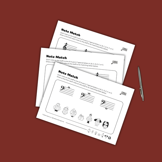 Note Match – Letter Pals – Staff Reading Activity Sheets - Bass Clef - Set 5