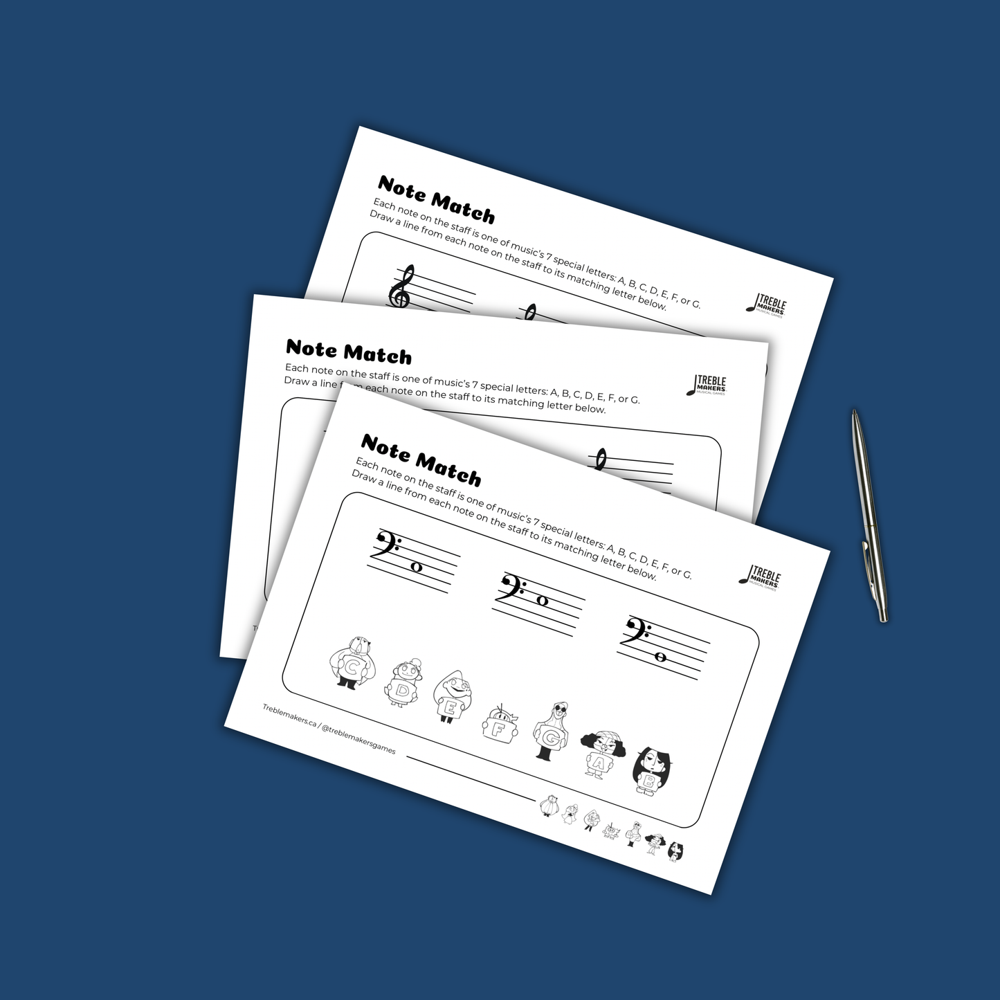Note Match – Letter Pals – Staff Reading Activity Sheets - Bass Clef - Set 6
