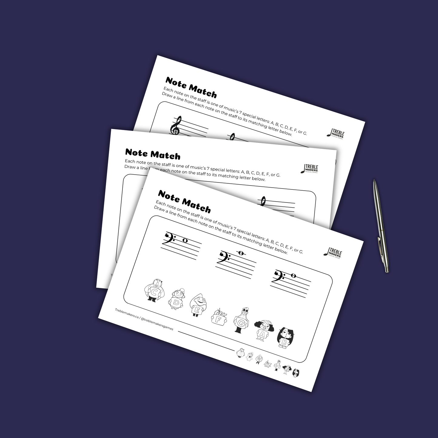 Note Match – Letter Pals – Staff Reading Activity Sheets - Bass Clef - Set 7