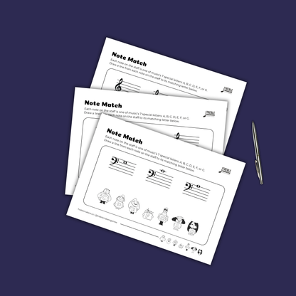 Note Match – Letter Pals – Staff Reading Activity Sheets - Bass Clef - Set 7