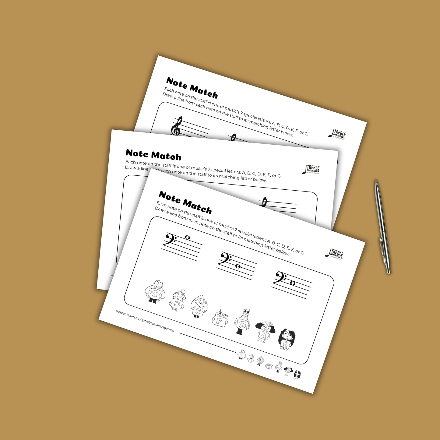 Note Match – Letter Pals – Staff Reading Activity Sheets - Bass Clef - Set 8
