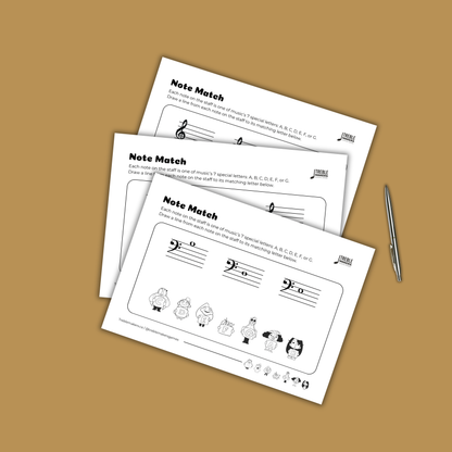 Note Match – Letter Pals – Staff Reading Activity Sheets - Bass Clef - Set 8