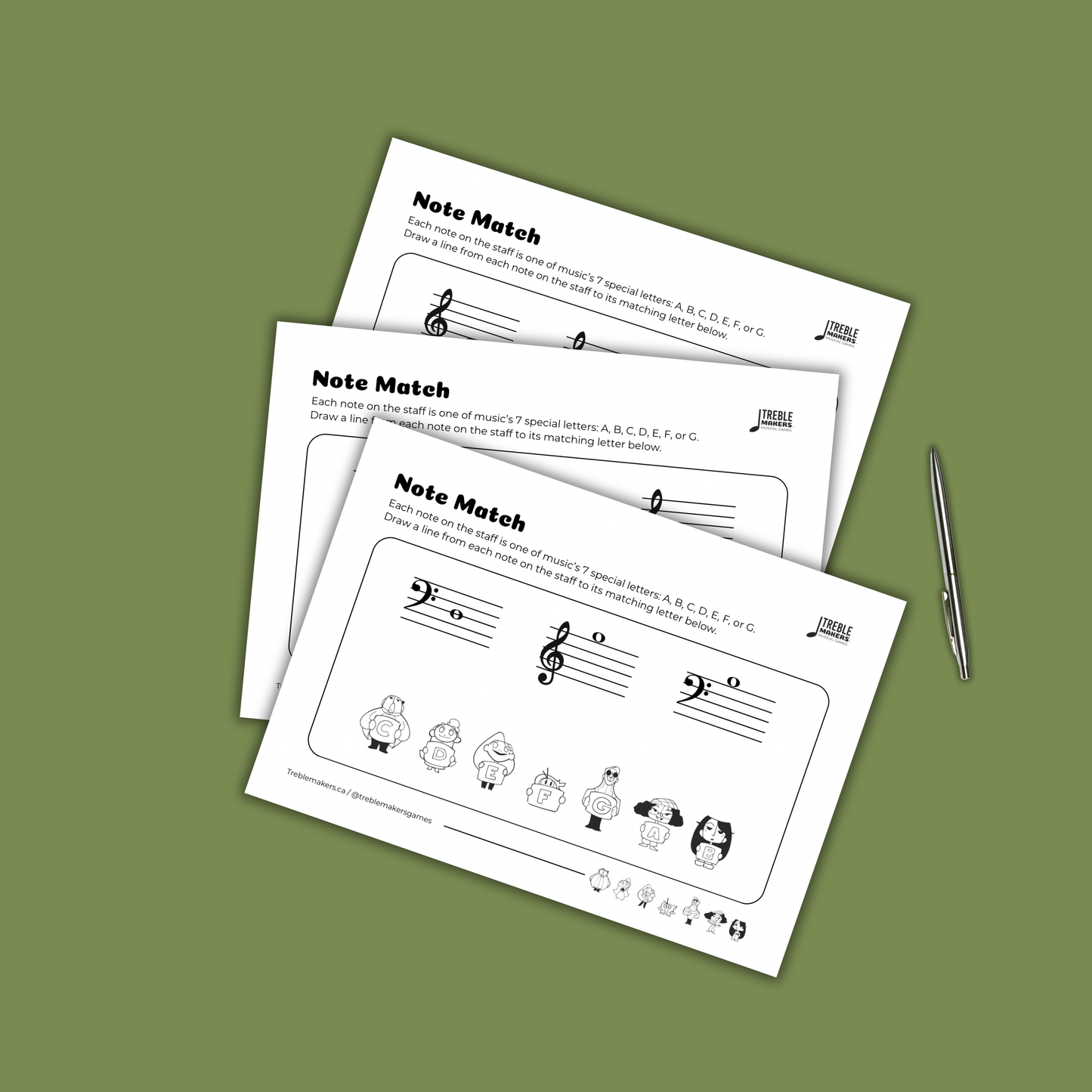 Note Match – Letter Pals – Staff Reading Activity Sheets - Mixed Clef - Set 1