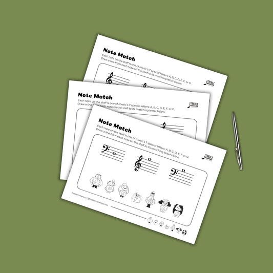 Note Match – Letter Pals – Staff Reading Activity Sheets - Mixed Clef - Set 1