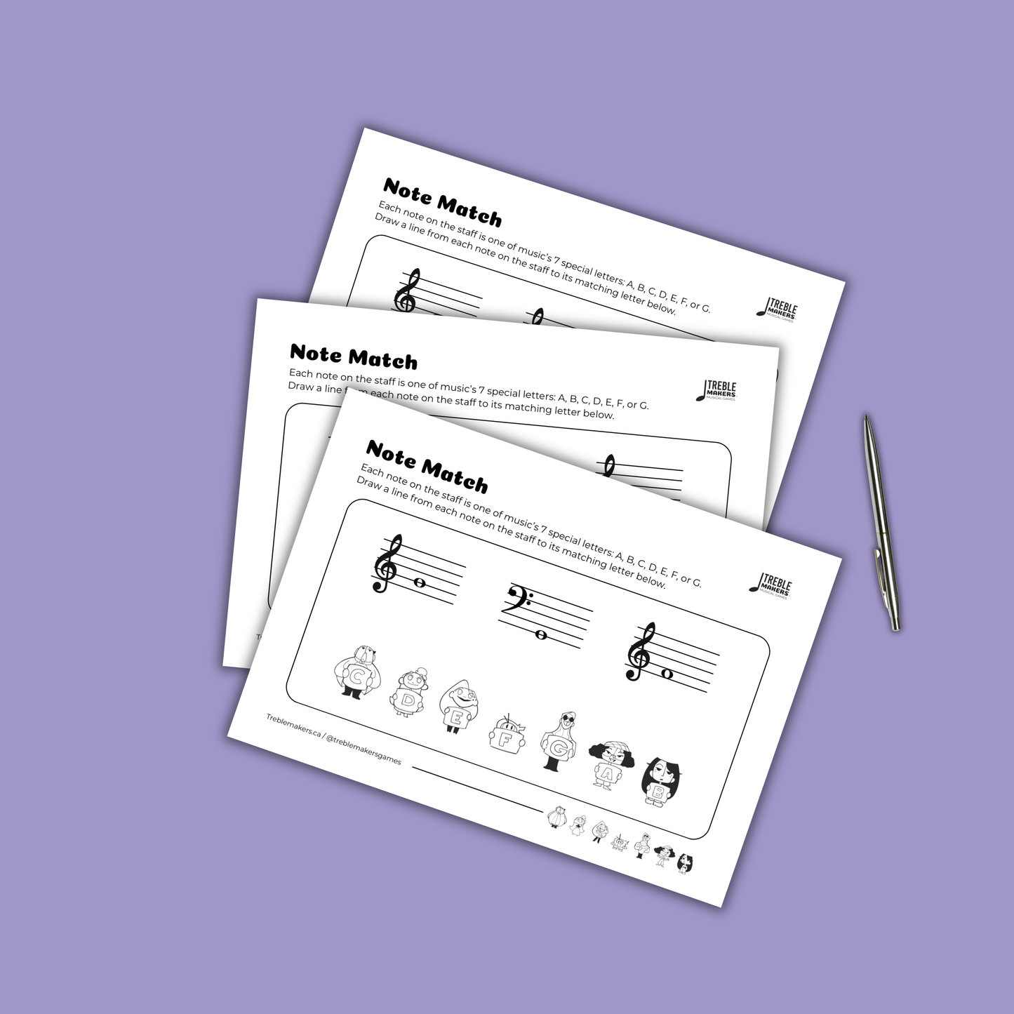 Note Match – Letter Pals – Staff Reading Activity Sheets - Mixed Clef - Set 3
