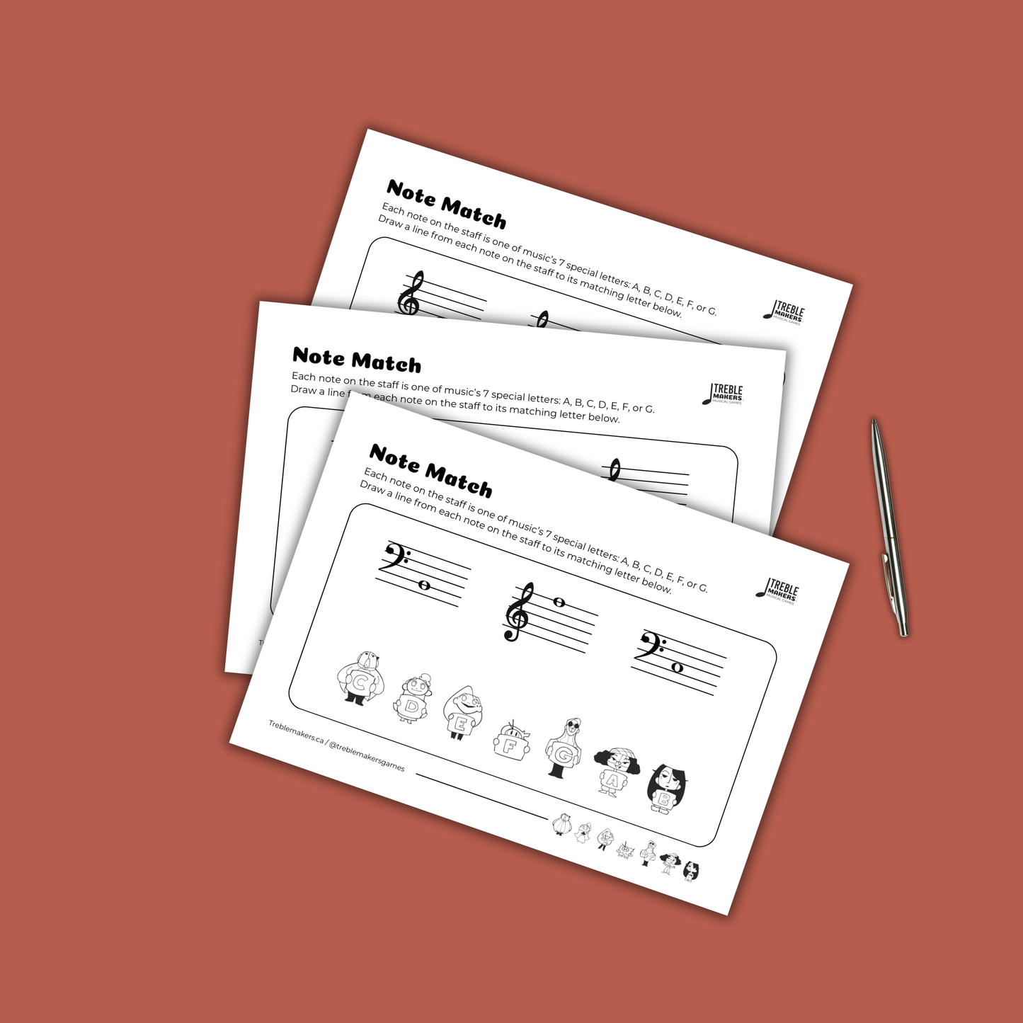 Note Match – Letter Pals – Staff Reading Activity Sheets - Mixed Clef - Set 4