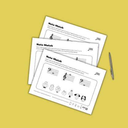 Note Match – Letter Pals – Staff Reading Activity Sheets - Mixed Clef - Set 5