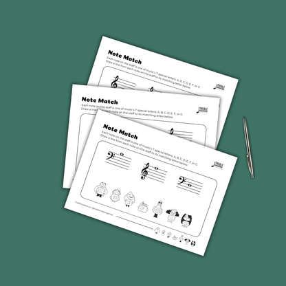 Note Match – Letter Pals – Staff Reading Activity Sheets - Mixed Clef - Set 6