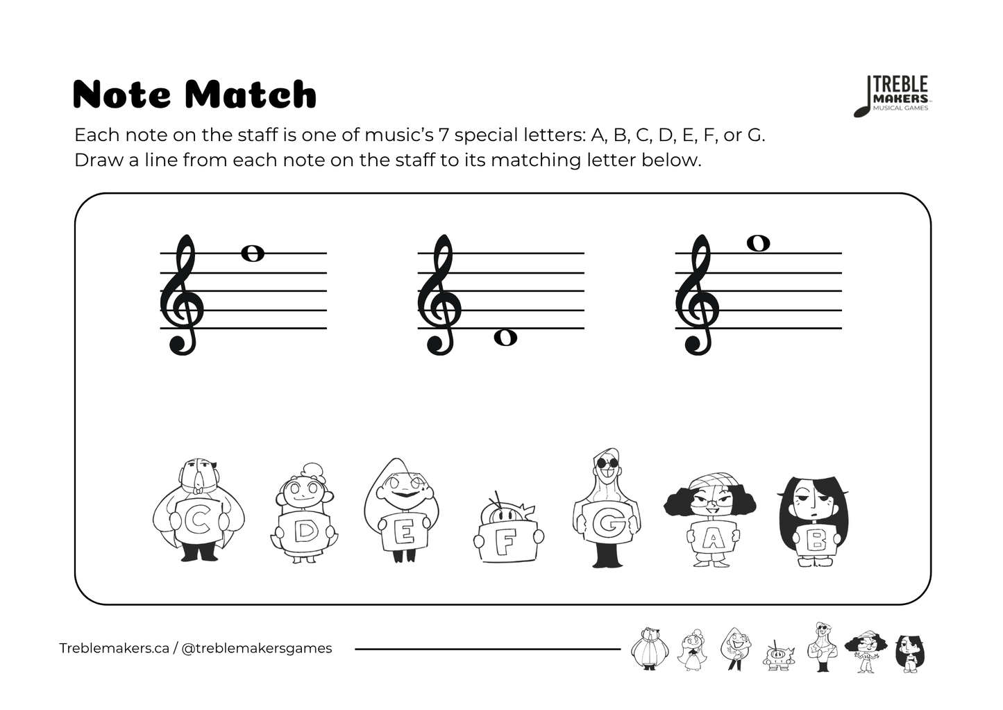Note Match – Letter Pals – Staff Reading Activity Sheets - Treble Clef - Set 4