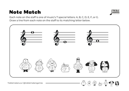 Note Match – Letter Pals – Staff Reading Activity Sheets - Treble Clef - Set 4