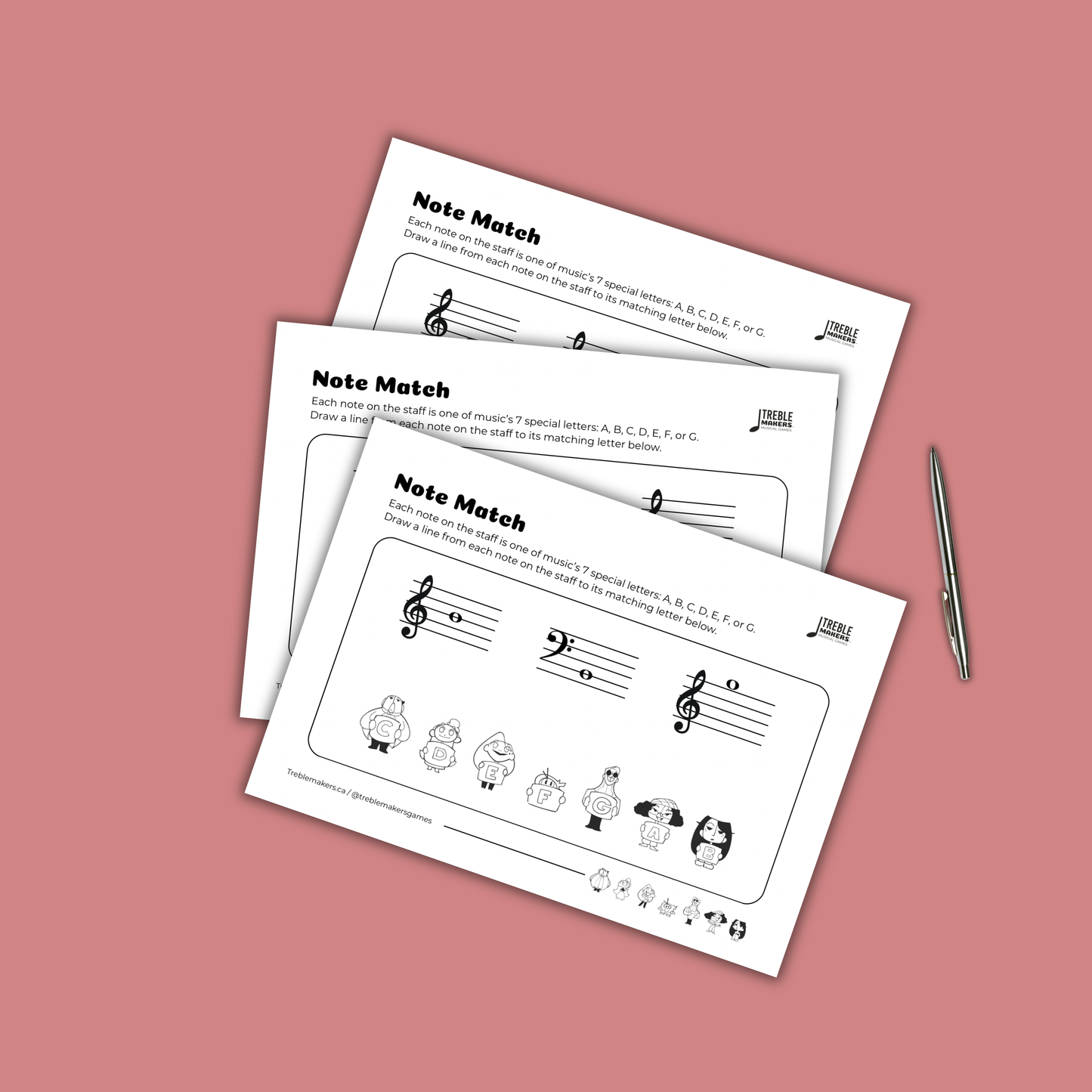 Note Match – Letter Pals – Staff Reading Activity Sheets - Mixed Clef - Set 7