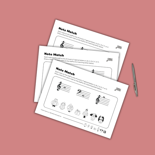 Note Match – Letter Pals – Staff Reading Activity Sheets - Mixed Clef - Set 7